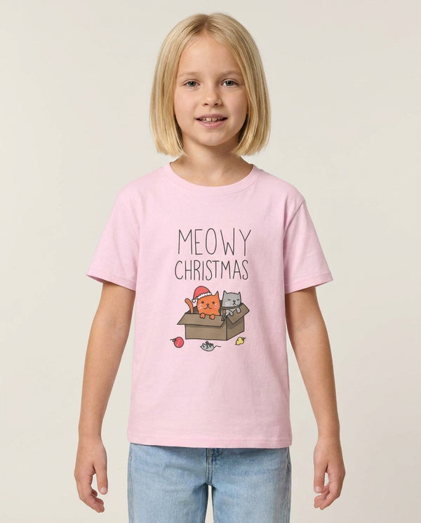 Meowy Christmas Kids T-Shirt — Pink Front, worn