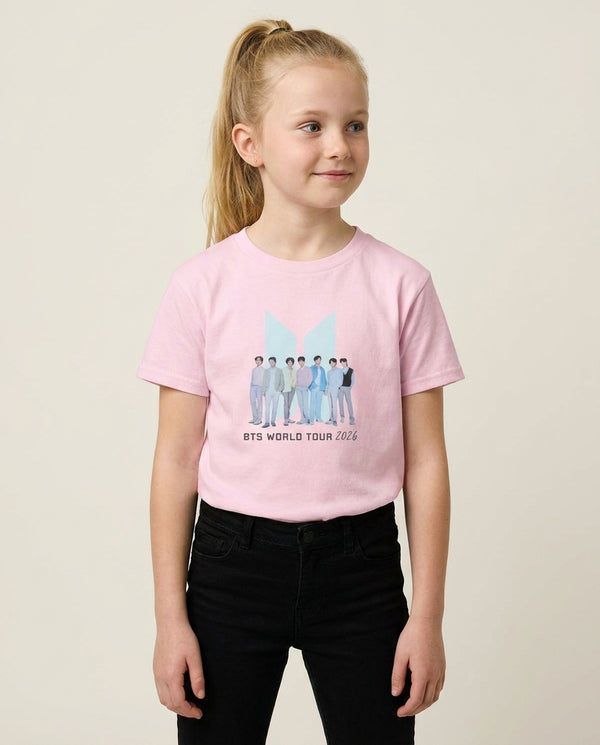 K-Pop Band Tour Pastel Blue Kids T-Shirt — Pink Front, worn