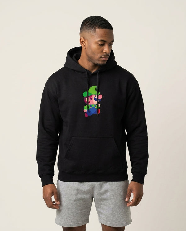 Running Luigi - Mario Hoodie — Black Front, worn