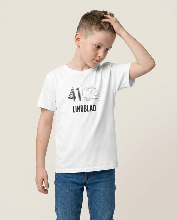 Lindblad Helmet 2026 Kids T-Shirt — White Front, worn