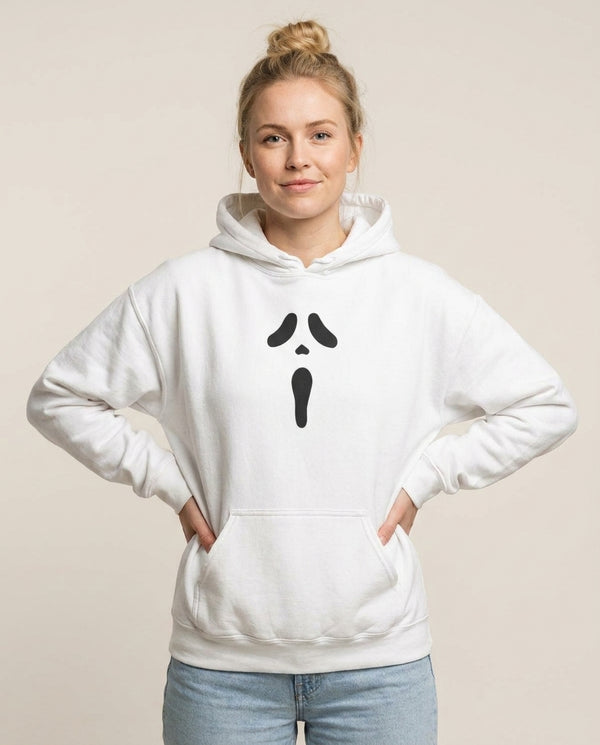 Scream Face Hoodie — White Front, worn