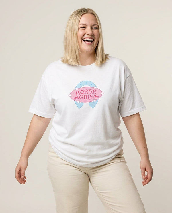 Horse Girl - Horses T-Shirt — White Front, worn