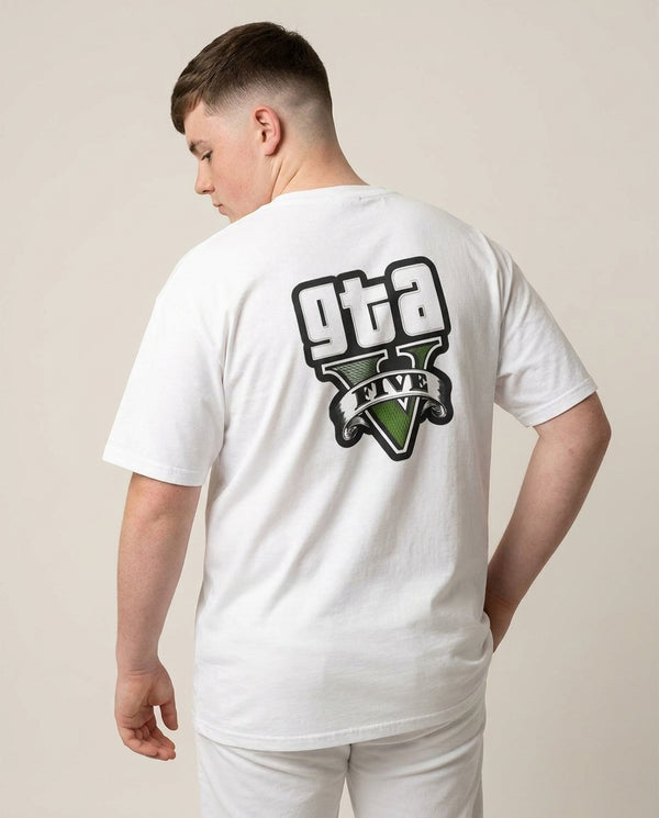 Green Five - Video Game T-Shirt — White Back, worn