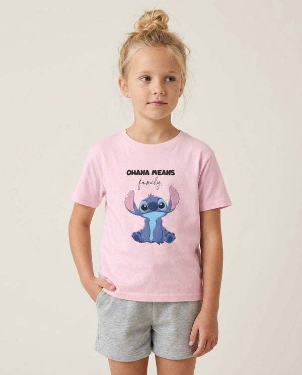 Ohana Means Family Pink Kids T-Shirt — Pink Front, worn