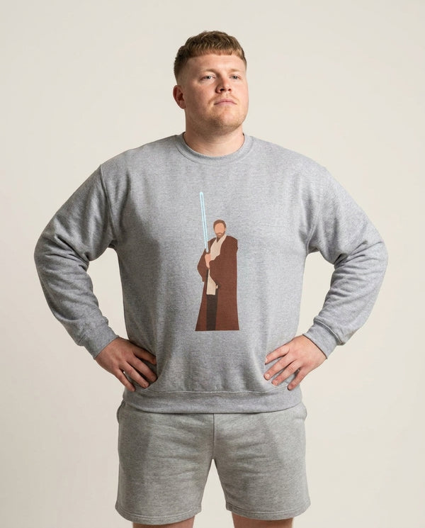 Kenobi Blue Lightsaber Sweatshirt — Grey Front, worn