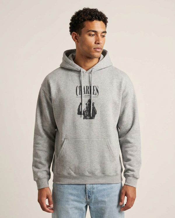 Charles Red And Gold Hoodie — Grey Front, worn