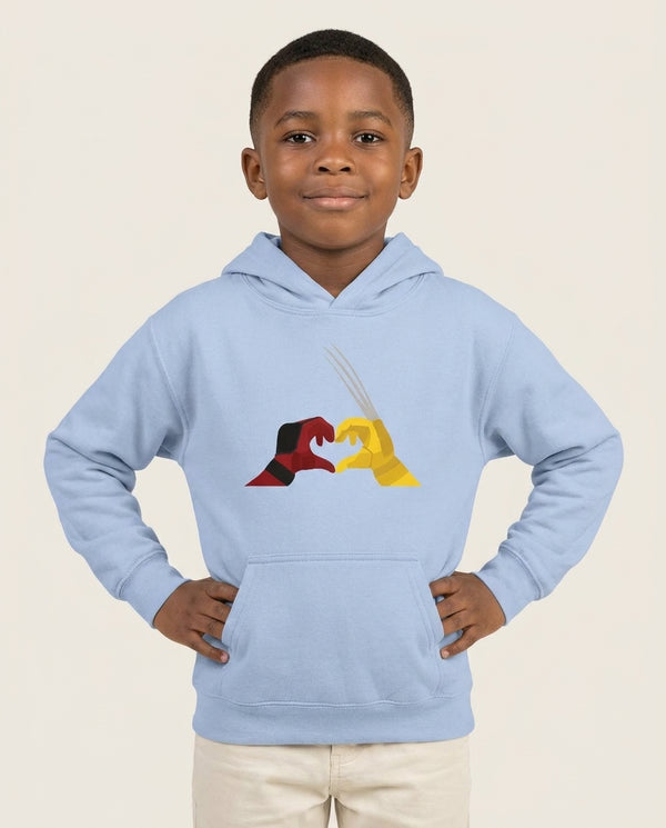 Red And Yellow Heroes Love Heart Kids Hoodie — Blue Front, worn