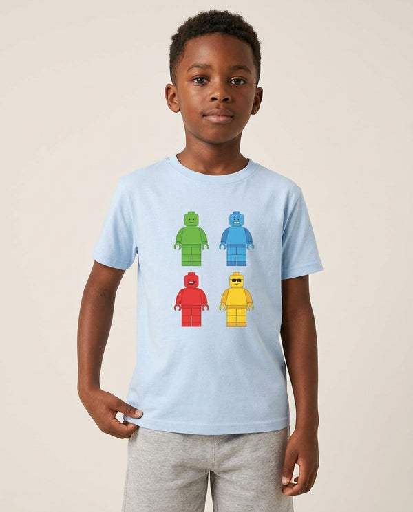 Bricks Figures Rainbow Kids T-Shirt — Blue Front, worn