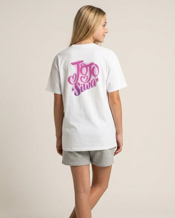 JoJo Siwa Love Heart T-Shirt — White Back, worn