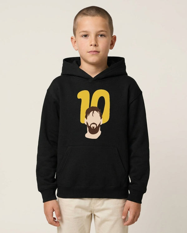 Number 10 - Messi Kids Hoodie — Black Front, worn
