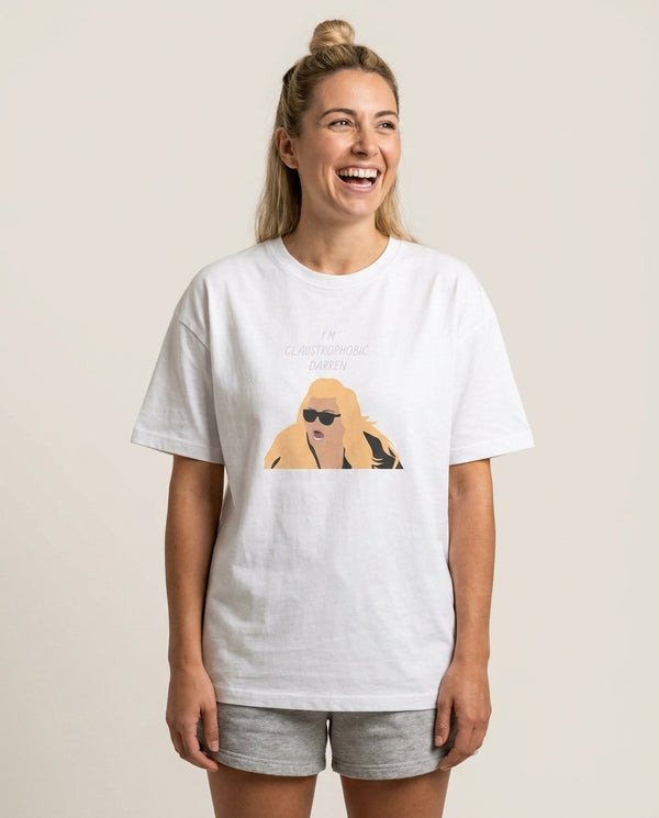 I'm Claustrophobic Darren - British Pop Culture T-Shirt — White Front, worn