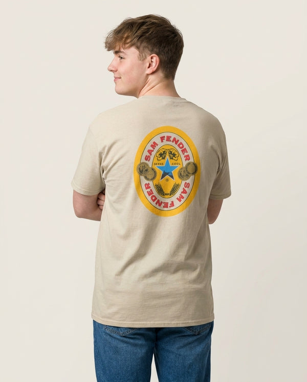 Fender Badge T-Shirt — Sand Back, worn