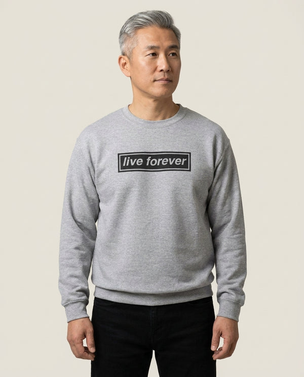 Live Forever Sweatshirt — Grey Front, worn