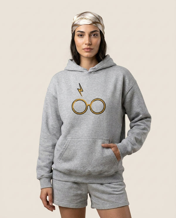 Glasses & Scar Hoodie — Grey Front, worn