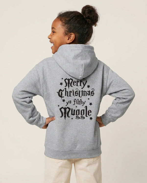 Merry Christmas You Filthy Muggle Kids Hoodie — Grey Back, worn