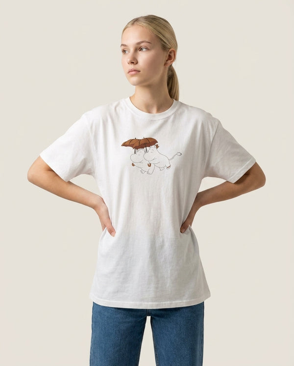 Moom Umbrellas T-Shirt — White Front, worn