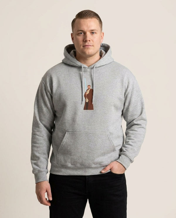 Kenobi Blue Lightsaber Hoodie — Grey Front, worn