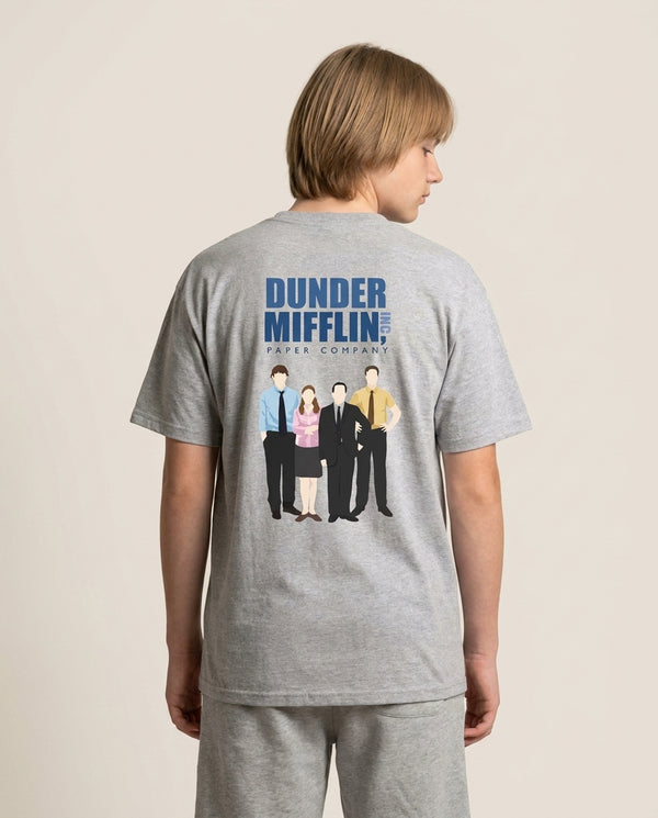 Office Cartoon - Dunder Mifflin T-Shirt — Grey Back, worn