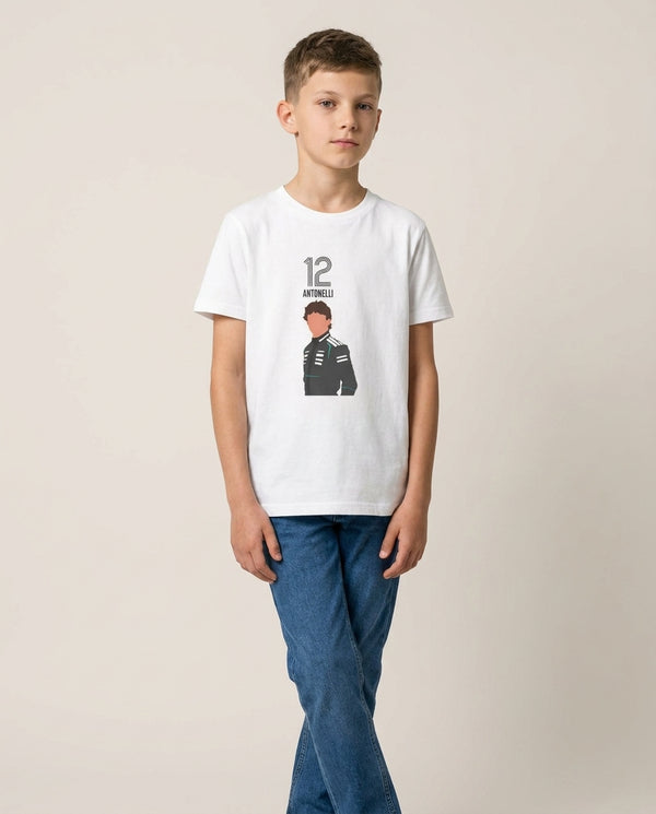 Antonelli 2026 Kids T-Shirt — White Front, worn