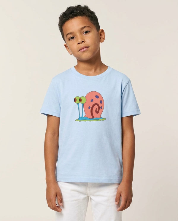 Gary The Snail Kids T-Shirt — Blue Front, worn