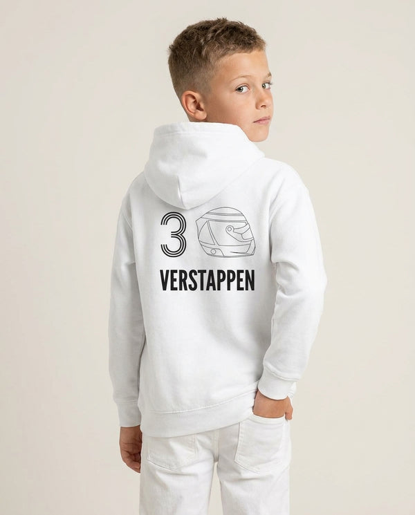 Verstappen Helmet 2026 Kids Hoodie — White Back, worn