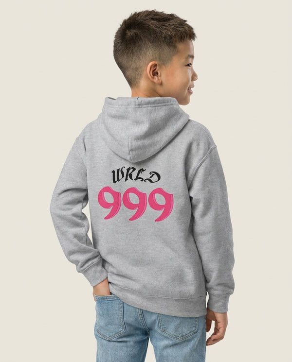 WRLD 999 - Juice Kids Hoodie — Grey Back, worn