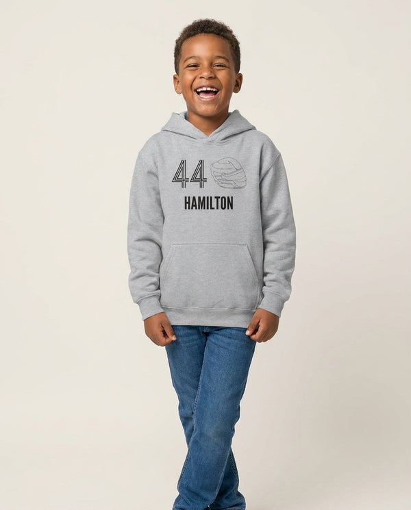 Hamilton Helmet 2026 Kids Hoodie — Grey Front, worn