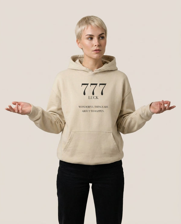 777 - Angel Numbers Hoodie — Sand Front, worn