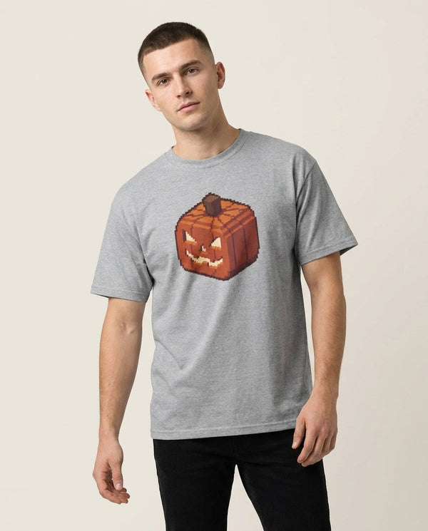 Mining Pumpkin T-Shirt — Grey Front, worn