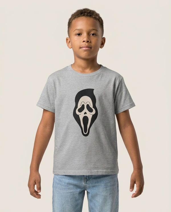 Pink Ghostface Pattern - Scream Kids T-Shirt — Grey Front, worn