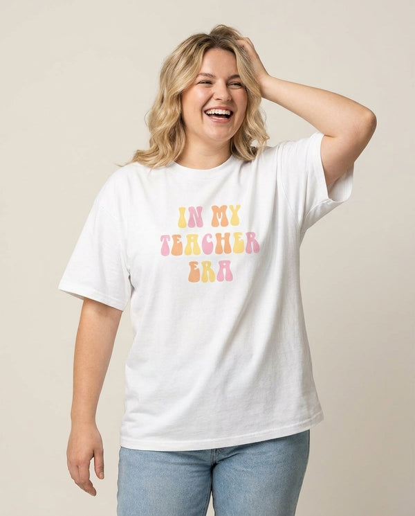In My Teacher Era T-Shirt — White Front, worn