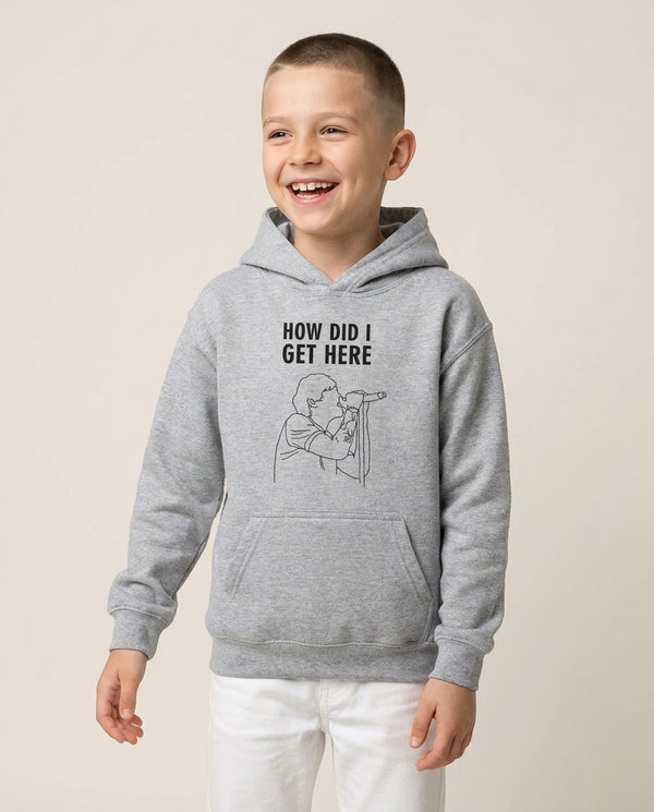 How Did I Get Here Outline Kids Hoodie — Grey Front, worn