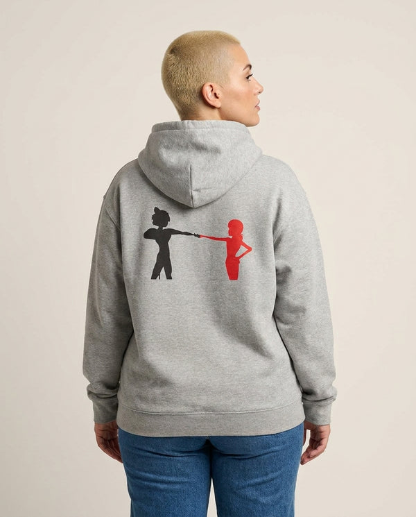 Red And Black Hoodie — Grey Back, worn