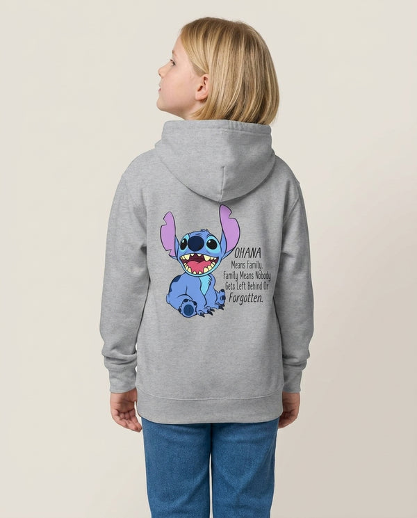 Ohana Means Family - Blue Alien Kids Hoodie — Grey Back, worn