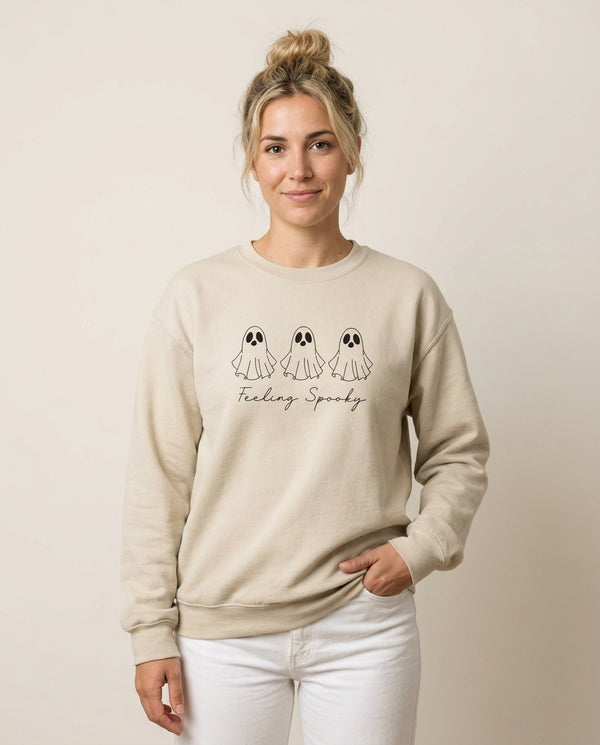 Feeling Spooky Ghosts Sweatshirt — Sand Front, worn