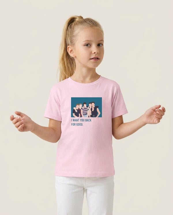 I Want You Back Kids T-Shirt — Pink Front, worn