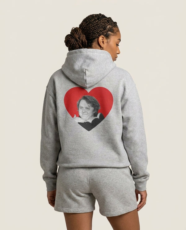 Love Lewis Hoodie — Grey Back, worn