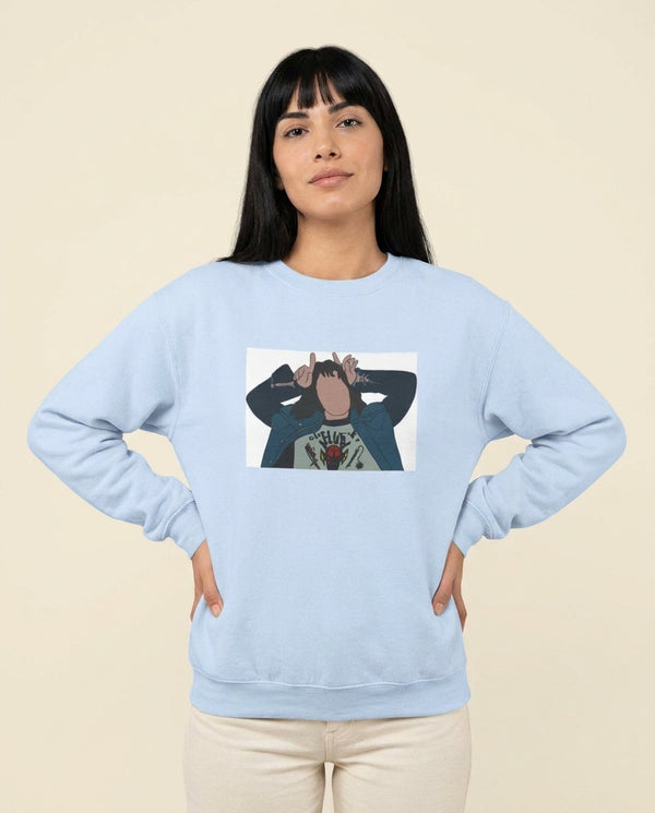 Eddie Munson Sweatshirt — Blue Front, worn