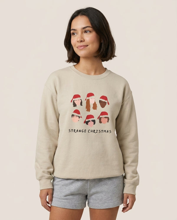Strange Crew Christmas Sweatshirt — Sand Front, worn