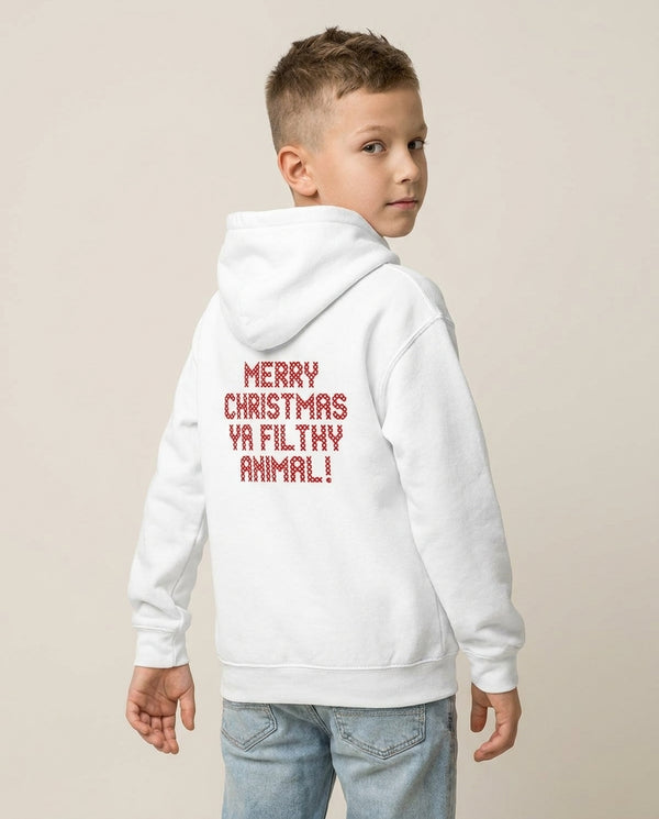 Merry Christmas Ya Filthy Animal Kids Hoodie White Back, worn