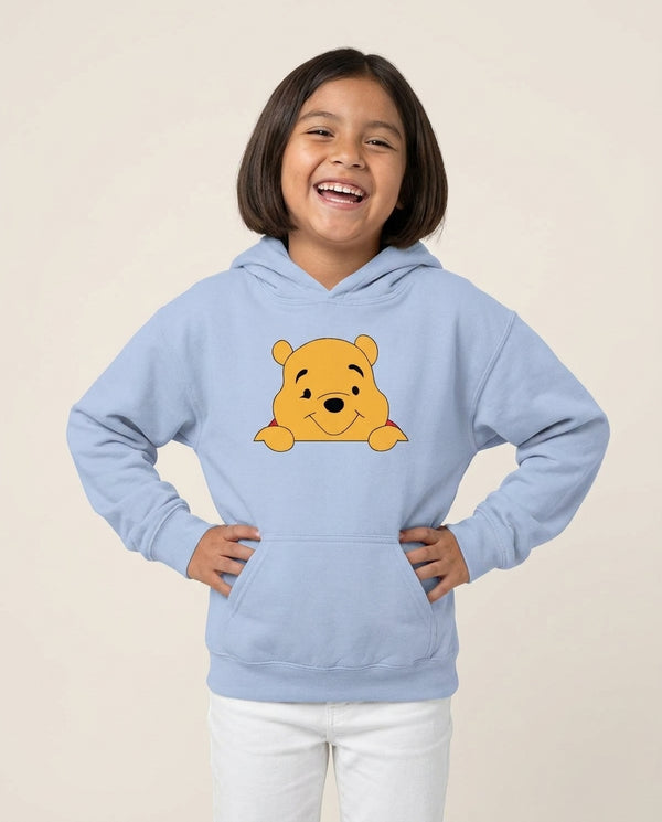Cute Bear Leaning Kids Hoodie — Blue Front, worn
