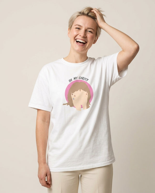 Oh My Christ! T-Shirt — White Front, worn