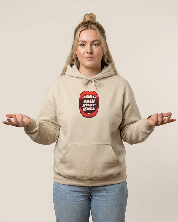 Spill Your Guts Hoodie Sand Front, worn