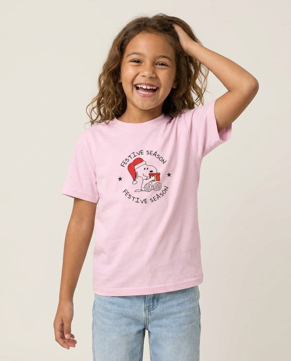 Cartoon Beagle Festive Season Kids T-Shirt — Pink Front, worn