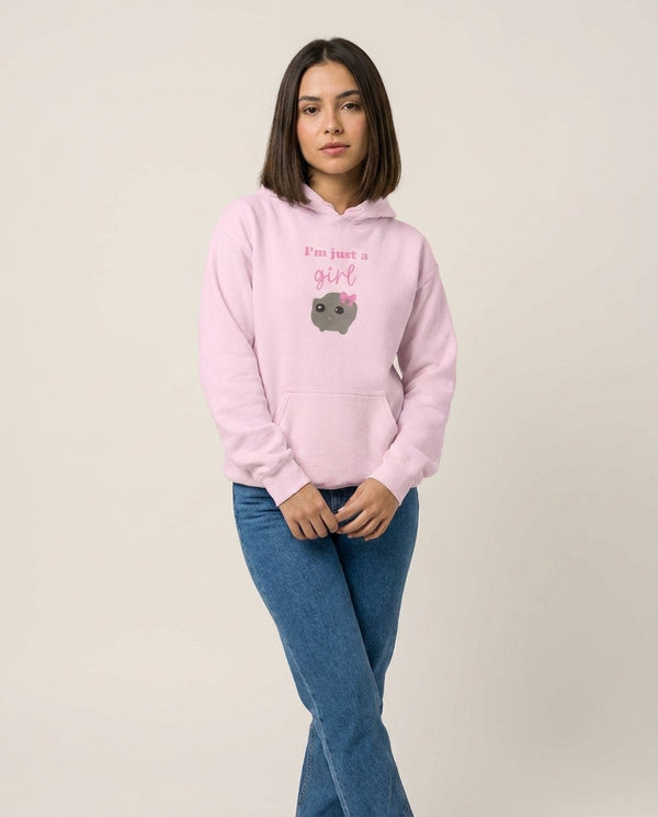 I'm Just A Girl Hoodie — Pink Front, worn