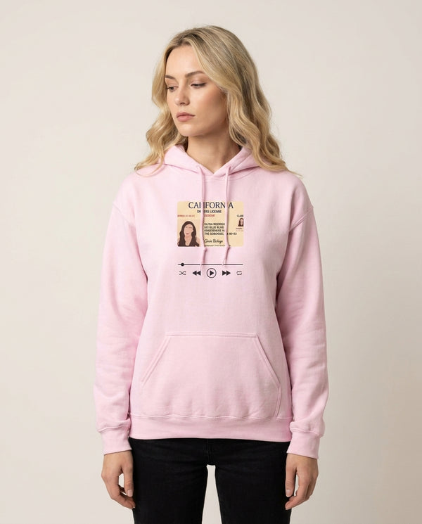 Drivers License - Olivia TikTok Hoodie — Pink Front, worn