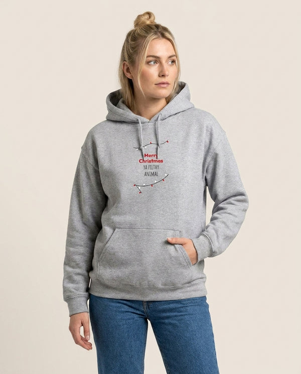 Merry Christmas Ya Filthy Animal Hoodie — Grey Front, worn
