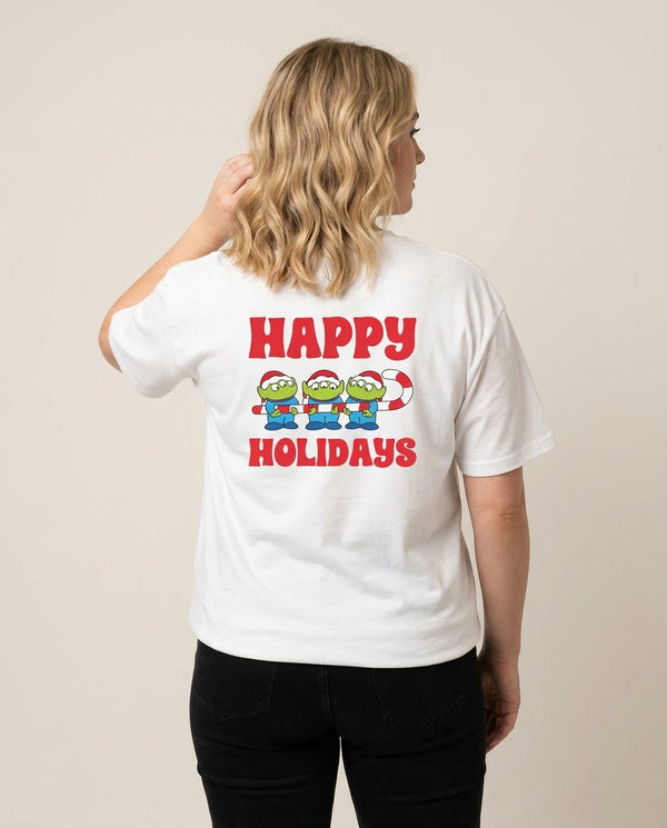Happy Holidays Cute Green Aliens T-Shirt — White Back, worn