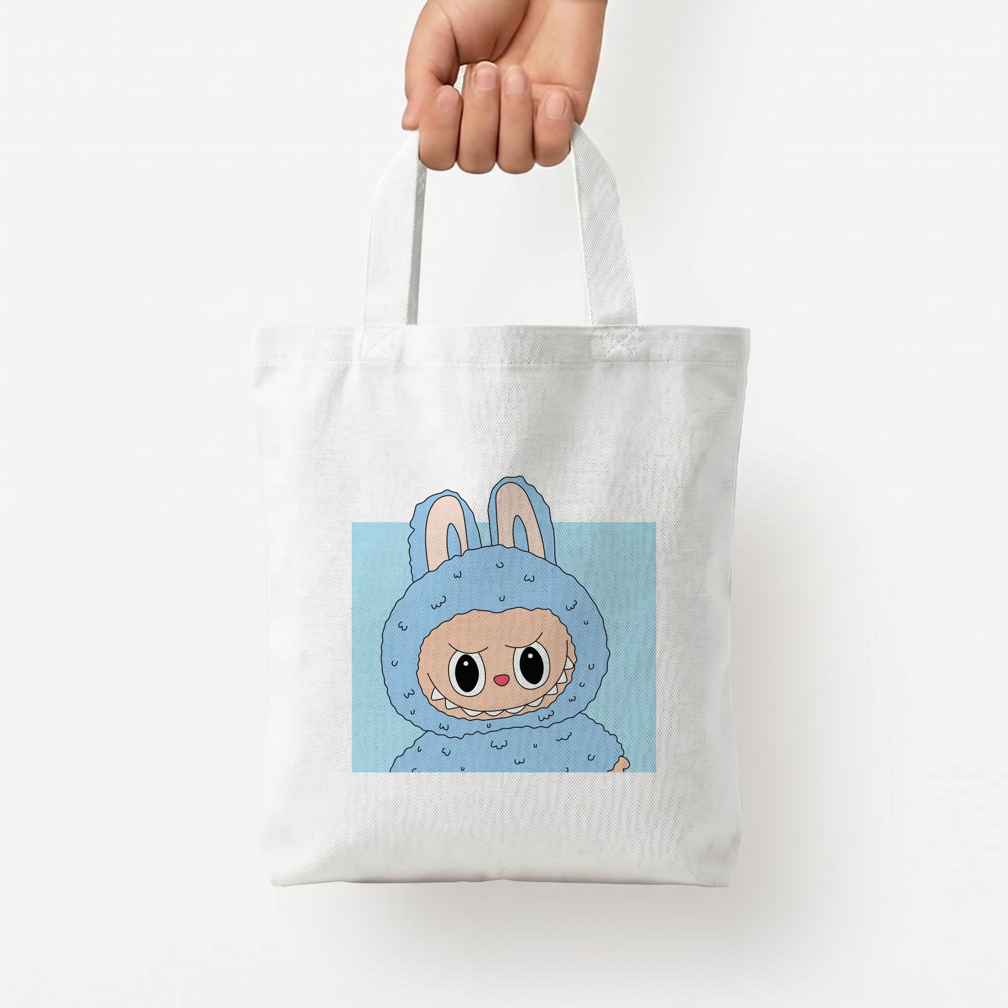 Cute Blue Notebook Monster Tote Bag — White / Small