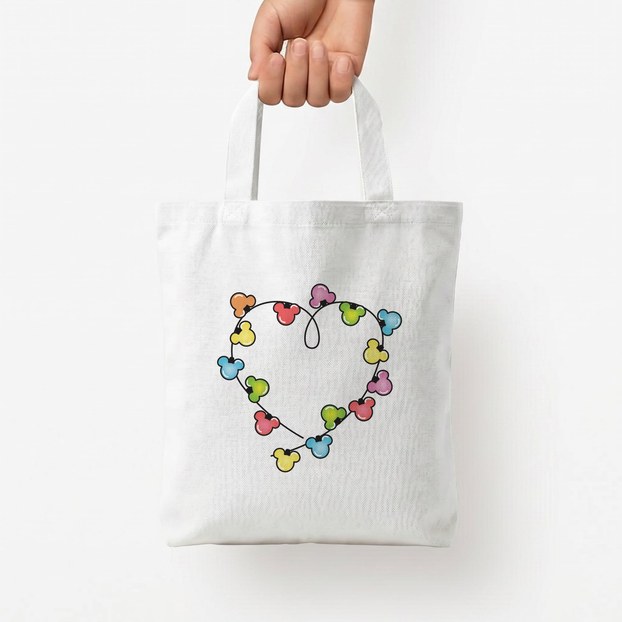 Cartoon Mouse Christmas Fairylights Heart Tote Bag — White / Small